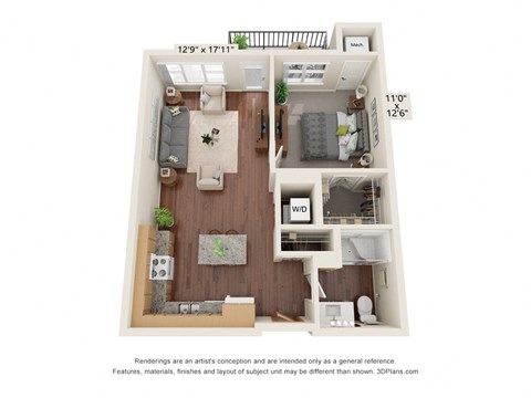 Floor plan for 1 bed, 1 bath, 723 sqft